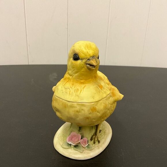Vintage Lefton Japan Ceramic Bisque Baby Chick With Lid Easter Trinket Box - Picture 2 of 8